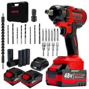 RUTH 28 Pcs 48V 0-2400rpm 850Nm 4 in 1 Red & Black Cordless Impact Wrench Kit