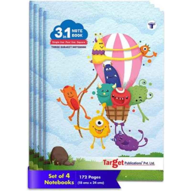 Target Publications Regular 172 Pages Multicolour Ruled Single & Four Line 3 in 1 Notebook (Pack of 4)