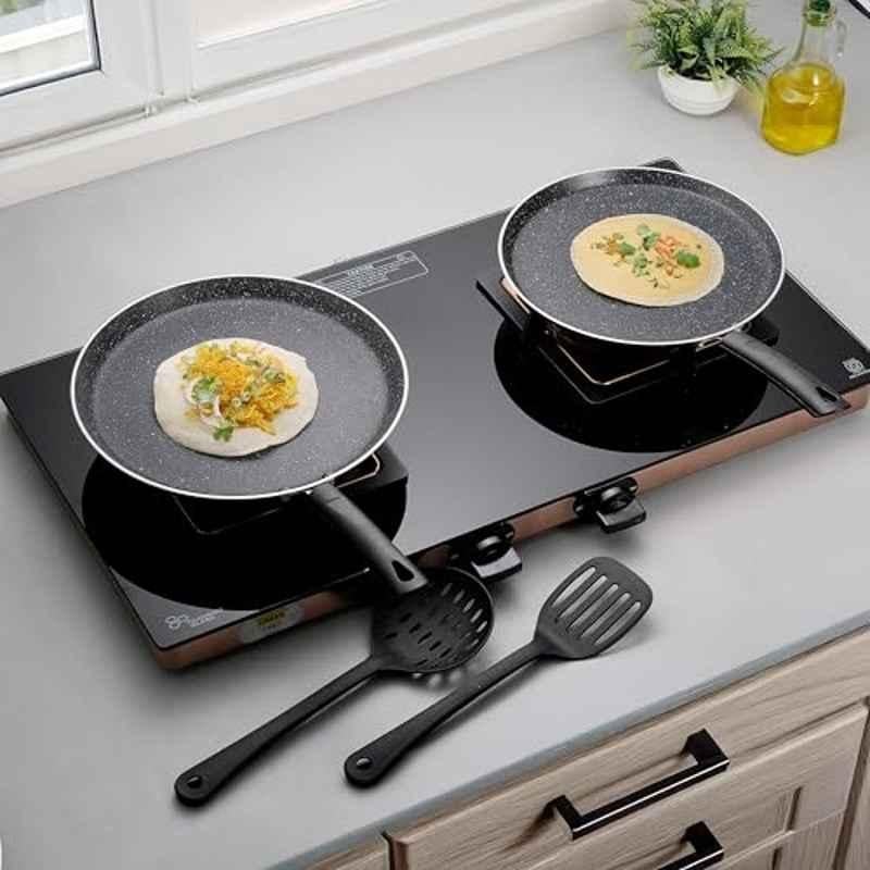 Cookaid Neo Glide 2 Pcs 25 & 28cm Aluminium Black Non Stick PTFE Coated Dosa Tawa Set with 2 Pcs Nylon Tool, CKD-NS-DT2-07