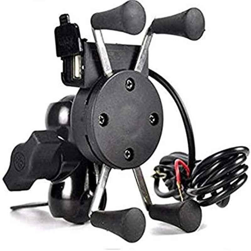AOW Bike X-Grip Mobile Phone Holder with USB Charger (Mirror Fitting) Universal for All Bikes T-48