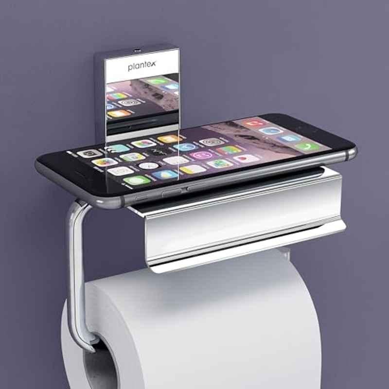 Plantex 304 Grade Stainless Steel Toilet Paper Holder with Mobile Phone Stand/Toilet Paper Roll Holder for Bathroom Accessories Crystal (Chrome)