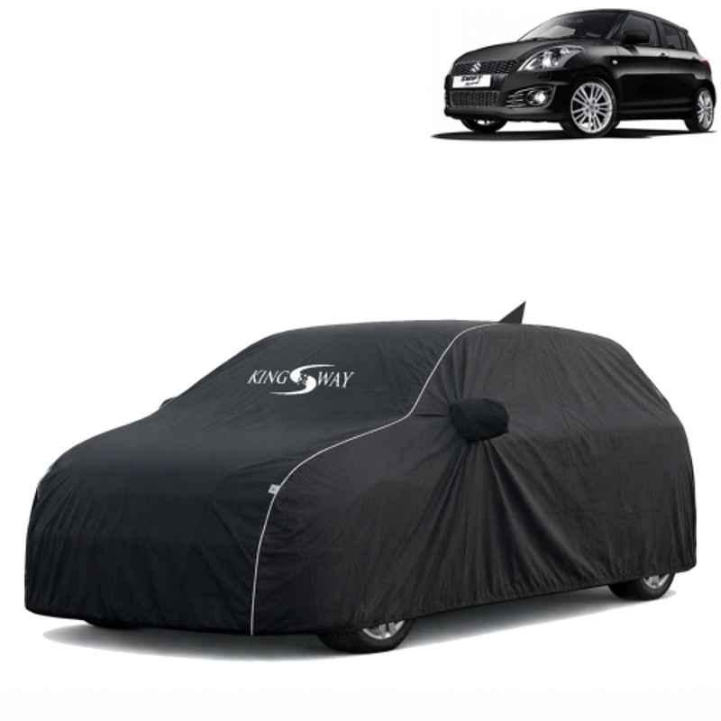Kingsway Super Waterproof All Weather Protection Polypropylene Black Car Cover for Maruti Suzuki Swift 2011 to 2017 with Silver Piping, Mirror & Antenna Pockets