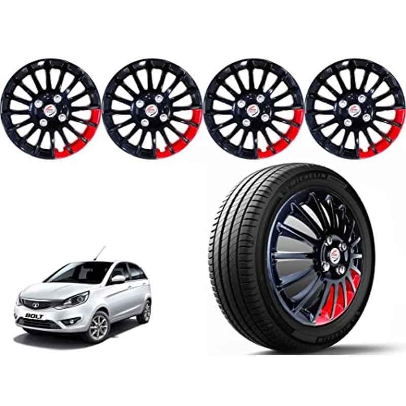 Auto Pearl 4 Pcs 15 inch ABS Black & Red Press Type Car Wheel Cover Set with Retention Ring for Tata Bolt XT