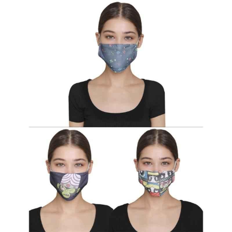 Clovia MASK39P99 3 Ply Washable Printed Grey, Blue & Multi Colour Face Mask with Removable Filter (Pack of 3)
