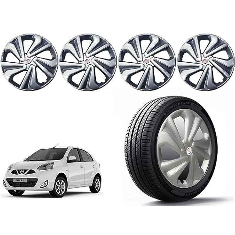 Auto Pearl 4 Pcs 14 inch Polypropylene Silver Press Type Car Wheel Cover Set with Retention Ring for Nissan Micra XE, 14WC_Tiago_Silver_MicraXEModel
