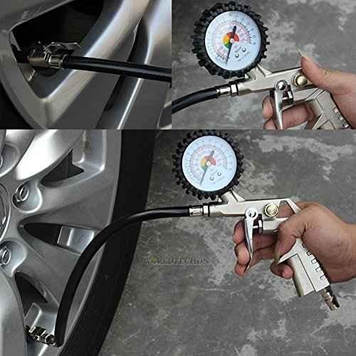 LadFath Tire Inflator with Pressure Gauge, 0-220PSI Dial Wheel Air Tire  Pressure Gauge, Heavy Durable Rubber Hose with Quick Coupler, Air  Compressor