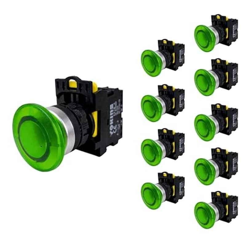 Yokins 22mm 220VAC Green Illuminated Mushroom Push Button Switch with LED Indicator, EB2M-A-10G-MD (Pack of 10)