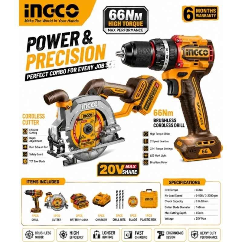 Ingco 0.8-10mm 20V 66Nm Cordless Impact Drill & 140mm Circular Saw Cutter Combo