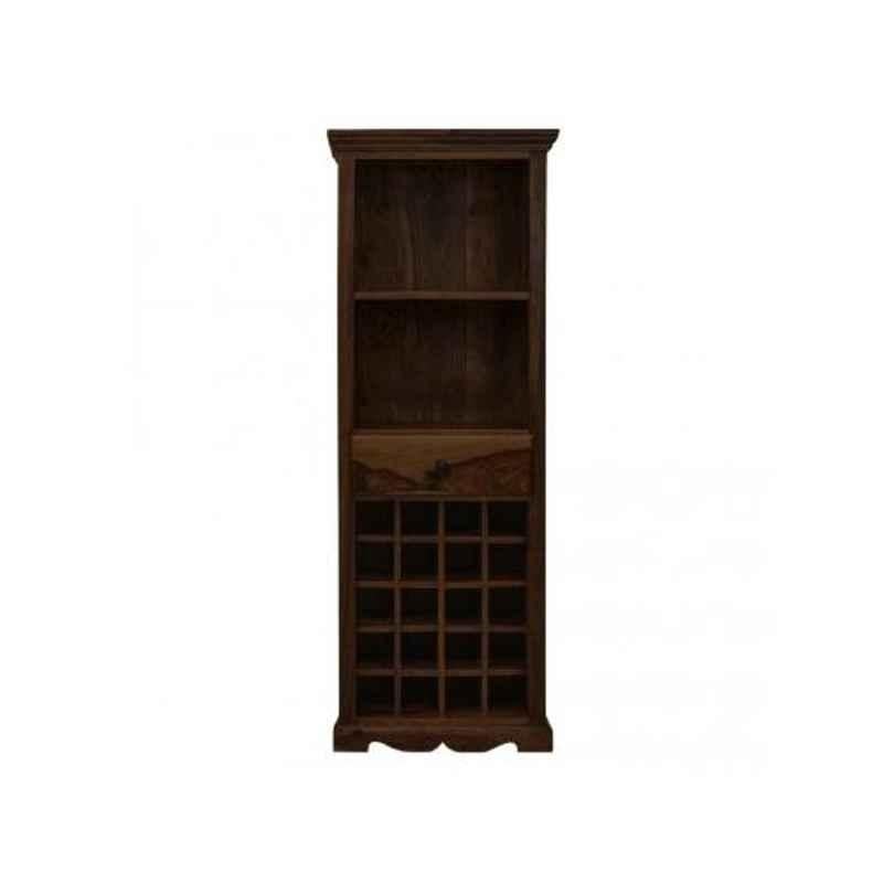 Angel Furniture 64x38x175cm Walnut Finish Solid Sheesham Wood Tallboy Storage Wine Rack & Bar Cabinet, AF-159W