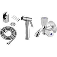Senkiddpro Triangle Prime Stainless Steel Chrome Finish Wall Mounted Two Way Bib Tap Set with Grohe Health Faucet