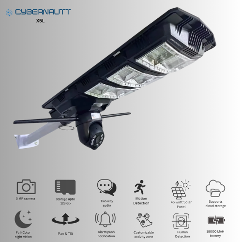 Cybernautt X5L 5MP HD PT 18000mAh Solar Sim CCTV Camera with Full Colour Night Vision, 2 Way Audio, MotionHuman Detect, Alarm & 128GB SD Support