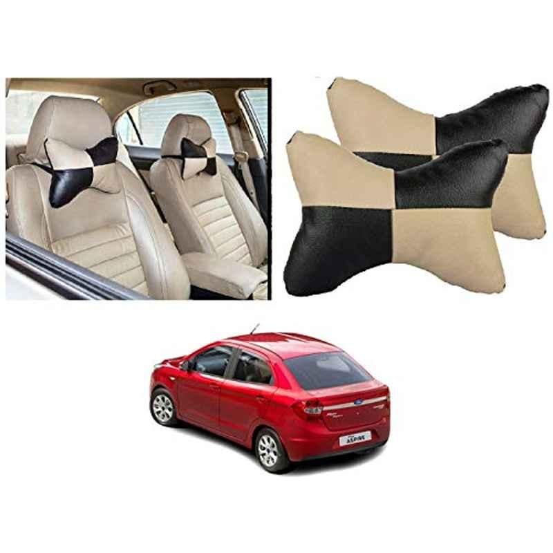 Kozdiko 2 Pcs Black & Beige Car Square Chess Design Neck Rest Seat Pillow Set for Ford Figo Aspire