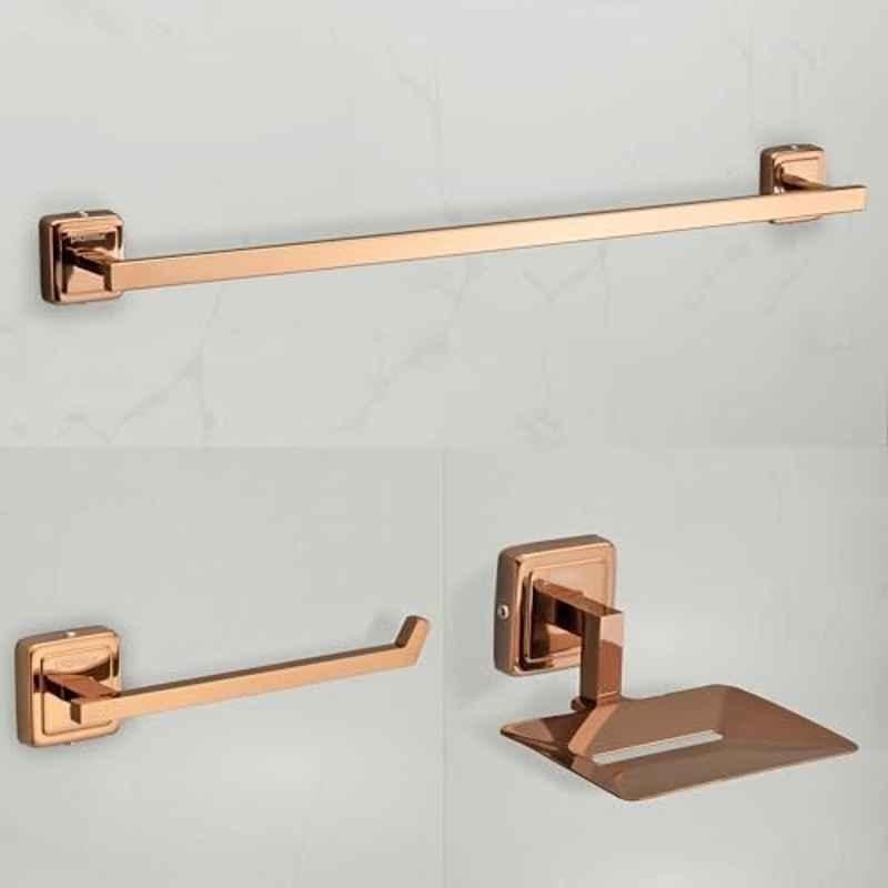 Plantex 3 Pcs Decan Stainless Steel 304 Rose Gold Towel Rod, Napkin Ring, Soap Holder Set for Bathroom