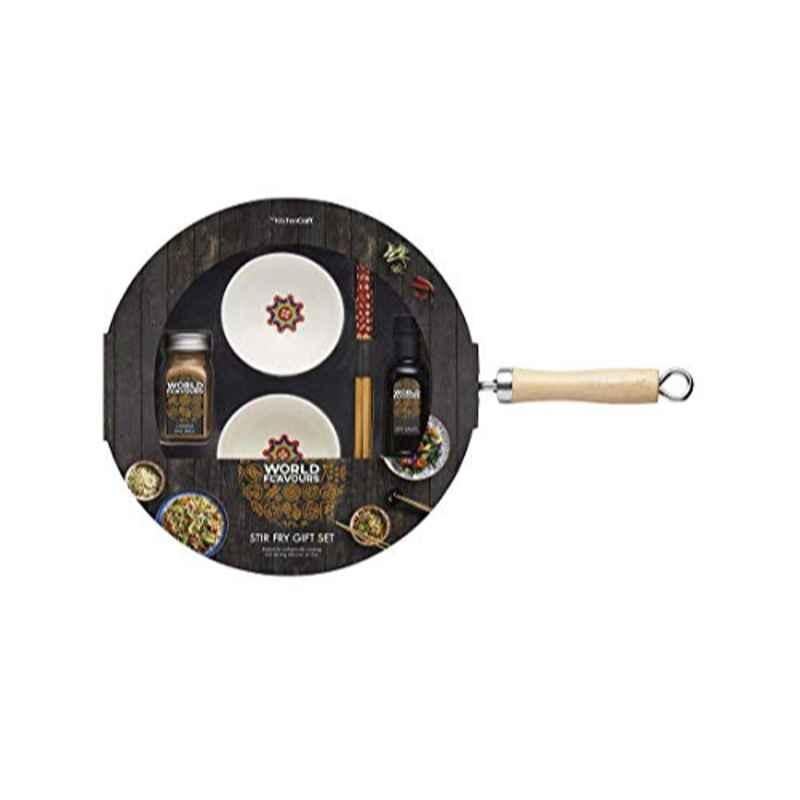 Kitchencraft World Of Flavours WFWOKGSET 9 Pcs 30cm Wood & Alloy Steel Black Non-Stick Wok Gift Set
