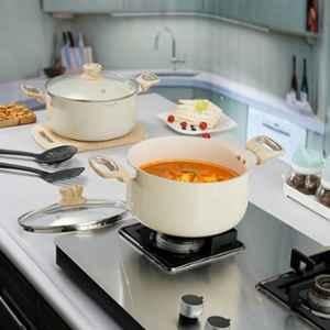 Cookaid Velora 6 Pcs 3.9 & 4.8 Litre Aluminium Cream Non Stick Ceramic Coating Casserole Set with Glass Lids & Nylon Tool, CKD-CC-CS2-35