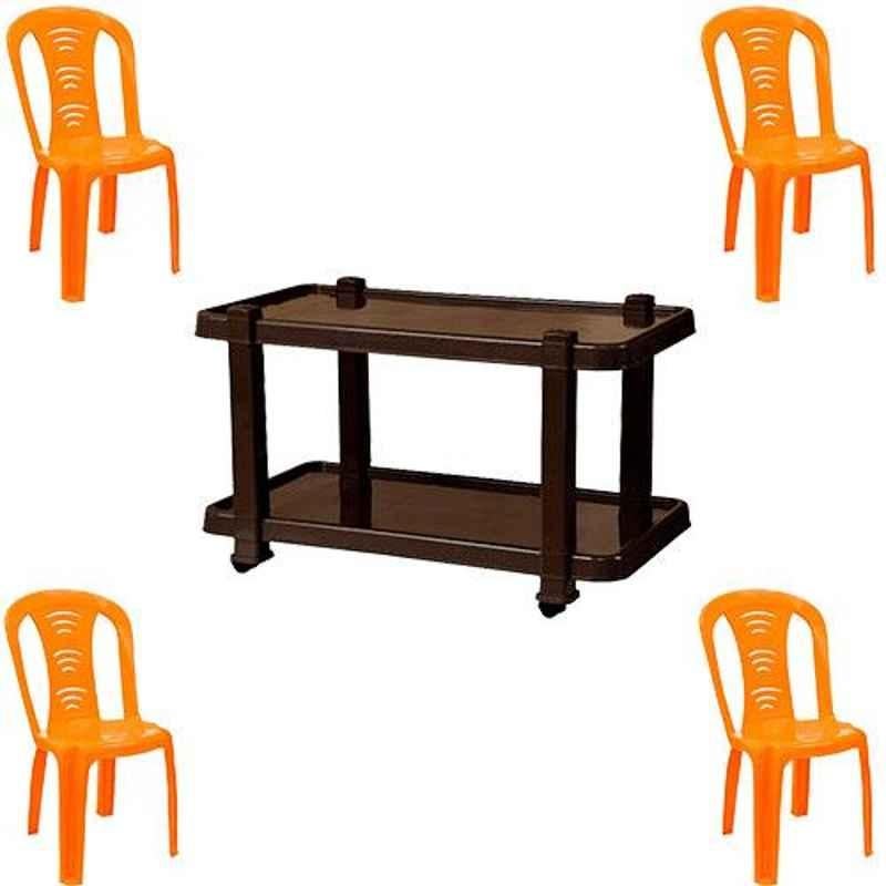 Italica 4 Pcs Polypropylene Orange Without Arm Chair & Nut Brown Table with Wheels Set, 9306-4/9509