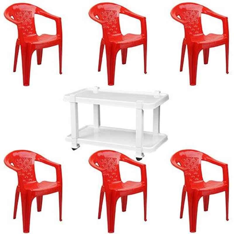 Italica 6 Pcs Polypropylene Red Comfort Arm Chair & White Table with Wheels Set, 9045-6/9509