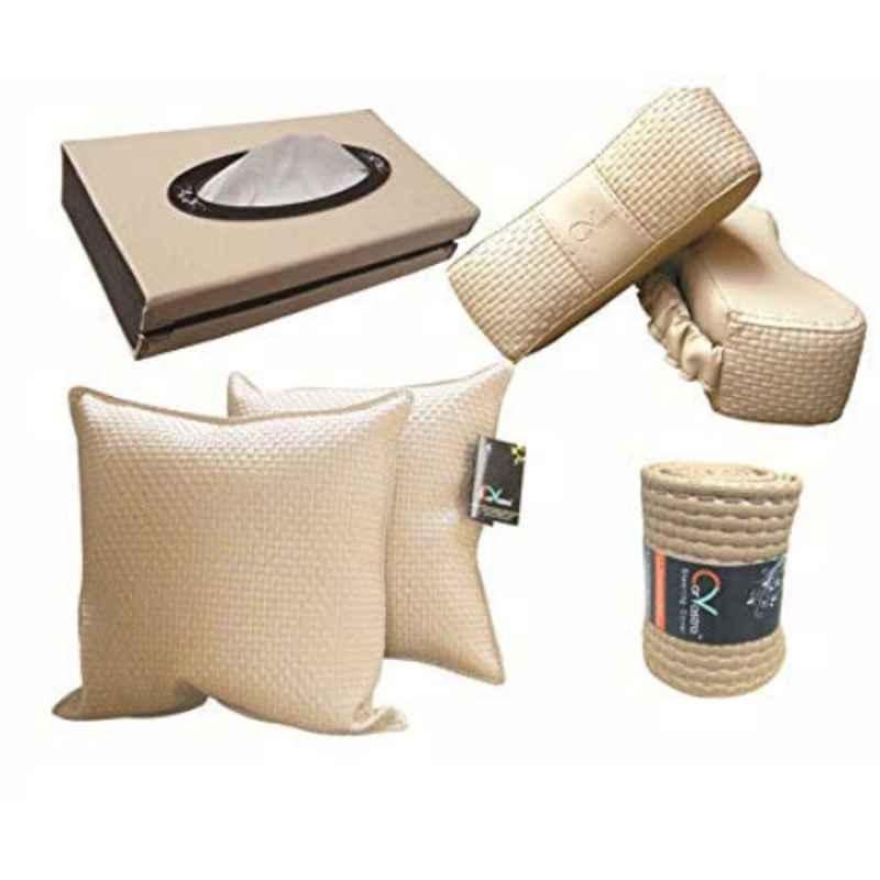 Kozdiko 2 Pcs Cushion Pillow, 2 Pcs Neck Rest, Tissue Box & Steering Beige Car Cover Combo for Hyundai Verna Fluidic
