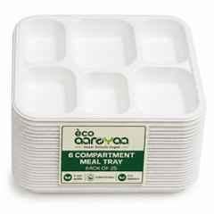 Eco Aaroyaa Bagasse Square Disposable Meal Tray with 6 Compartments (Pack of 25)