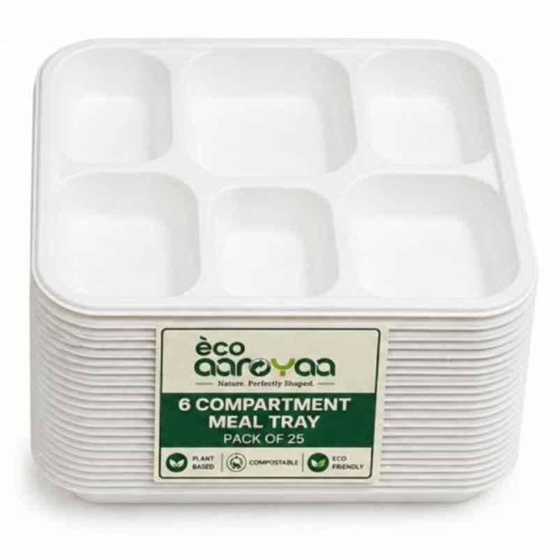 Eco Aaroyaa Bagasse Square Disposable Meal Tray with 6 Compartments (Pack of 25)