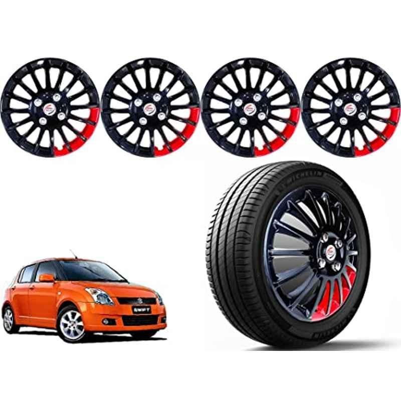 Auto Pearl 4 Pcs 14 inch Polypropylene Black & Red Press Type Car Wheel Cover Set with Retention Ring for Maruti Suzuki Swift Type 1 2006-2010
