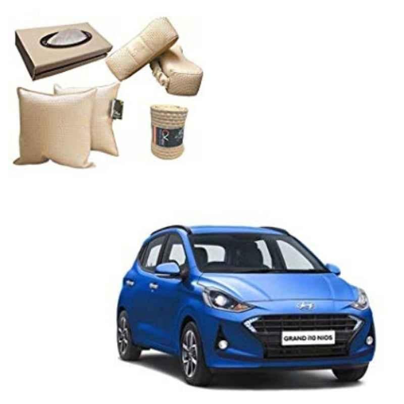 Kozdiko 2 Pcs Cushion Pillow, 2 Pcs Neck Rest, Tissue Box & Steering Beige Car Cover Combo for Hyundai Grand i10 Nios
