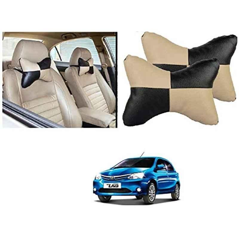Kozdiko 2 Pcs Black & Beige Car Square Chess Design Neck Rest Seat Pillow Set for Toyota Etios Liva
