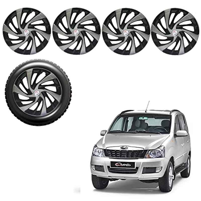 Auto Pearl 4 Pcs 15 inch Silver & Black ABS Press Type Hubcap Wheel Cover Set with Retention Ring for Mahindra Quanto