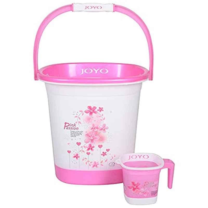 Joyo Deluxe 2 Pcs 18L Square Plastic Pink Bucket & 1100ml Matching Mug Set with Free Lasaani 1000ml Water Bottle