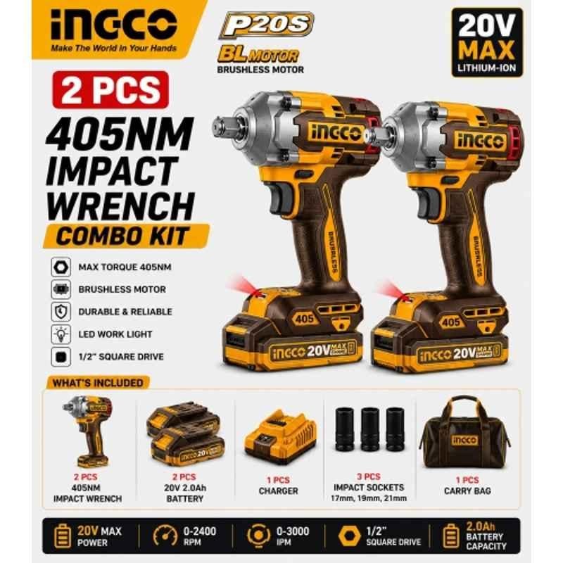 Ingco 1/2 inch 20V 405Nm Cordless Impact Wrench Combo with Brushless Motor