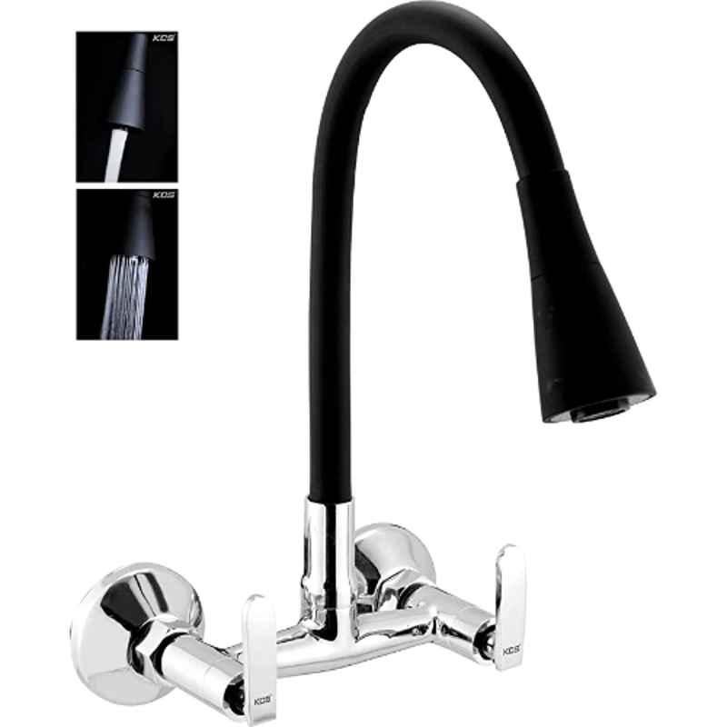 KCS EC-SMBDF Eco Brass Chrome & Matt Black Finish Double Flow Sink Mixer Hot & Cold Water Tap with Flexible Silicone Swivel Spout