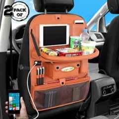 AllExtreme EXCTBO2 Tan PU Leather Car Seat Back Multi Pocket Organizer with 4 USB Charging Port (Pack of 2)