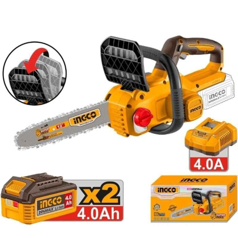 Ingco 12 inch 20V 4Ah Brushless Cordless Chain Saw with 2 Pcs Li-ion Battery & 1 Pc Charger, CGSLI201262