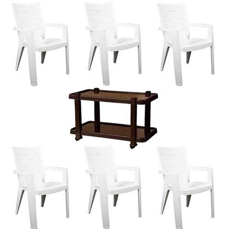Italica 6 Pcs Polypropylene White Luxury Arm Chair & Nut Brown Table with Wheels Set, 2274-6/9509