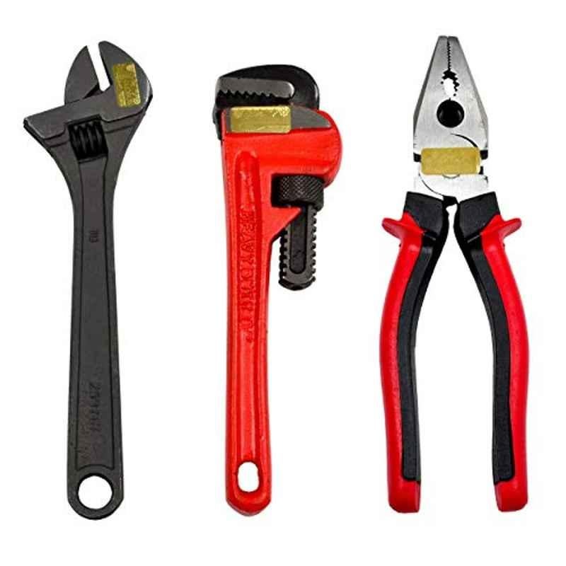 Globus 922 3 Pcs 10 inch Steel Adjustable Wrench, 8 inch Plier & 8 inch Pipe Wrench Hand Tool Set