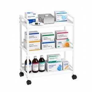Ezon Kart 3 Shelves Metal White Smooth Rolling Surgical Instrument Trolley with Lockable Wheels