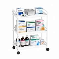 Ezon Kart 3 Shelves Metal White Smooth Rolling Surgical Instrument Trolley with Lockable Wheels