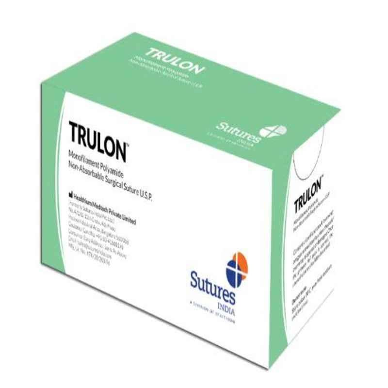 Trulon 12 Foils 0 USP 38mm 1/2 Circle Reverse Cutting Monofilament Polyamide Non Absorbable Surgical Suture Box, SN 3304