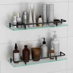 Plantex Shelf for Bathroom/Frosted Glass Shelf with Brass Railing and Brackets/Wall Mount Shelf for Living Room/Kitchen (Pack of 2) 18x6 inch, Black