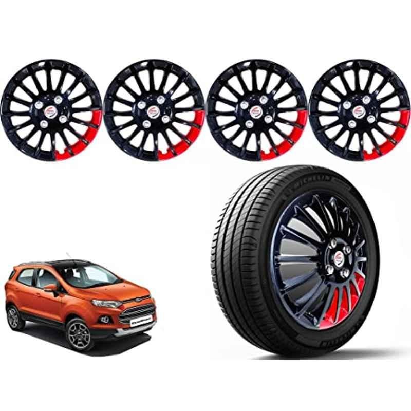 Auto Pearl 4 Pcs 15 inch ABS Black & Red Press Type Car Wheel Cover Set with Retention Ring for Ford Ecosport 2017 Onwards