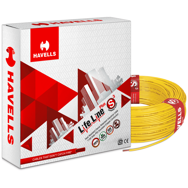 Havells 1 Sqmm Yellow Life Line Plus Single Core HRFR PVC Insulated Flexible Cables, WHFFDNYA11X0, Length: 90 m