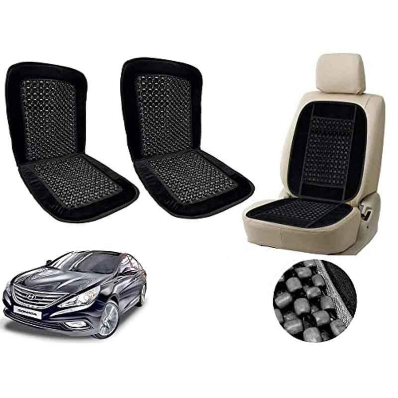 Auto Pearl PU, Velvet & Wooden Beads Black Rectangular Seat Cushion for Hyundai Sonata Fluidic (Pack of 2 )