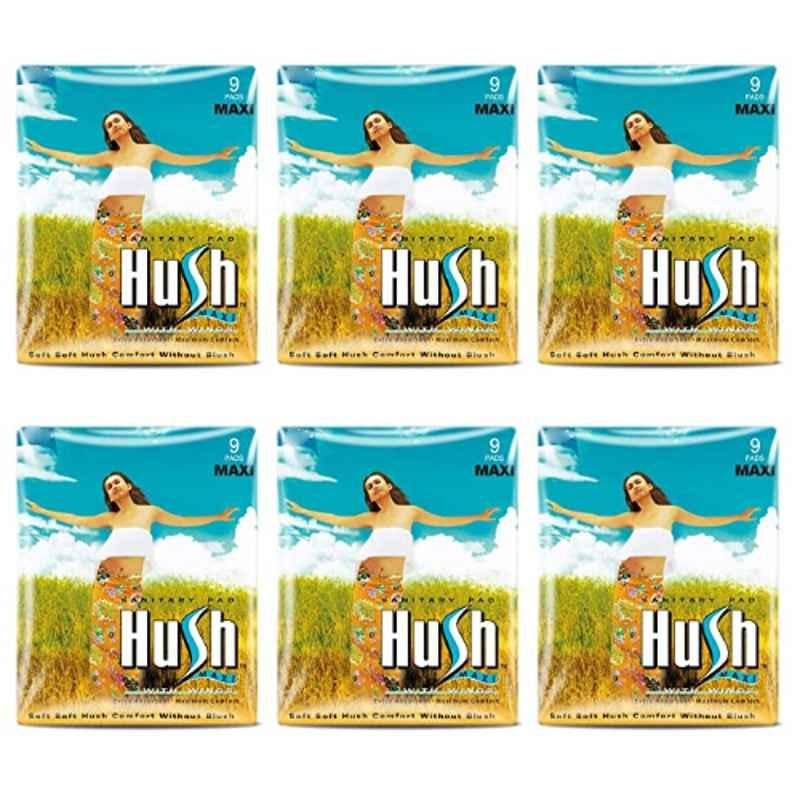 Hush Maxi 9 Pcs 280mm Sanitary Napkins with Wings, E9 (Pack of 6)