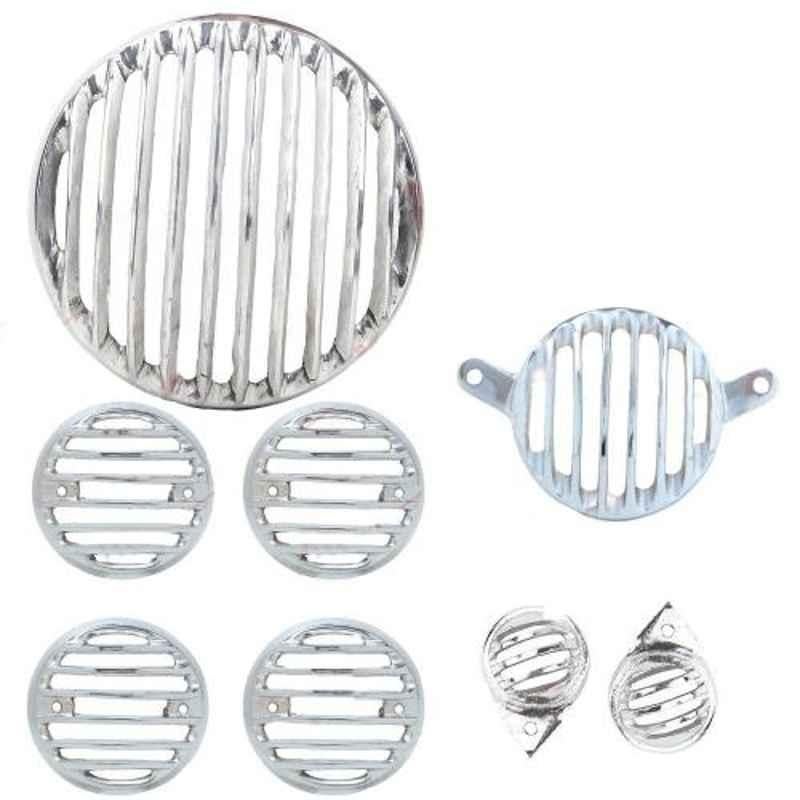 AllExtreme EXMGS8S Metal Die Casted Silver Front Rear Headlight Grill Cover Set with Tail Lamp, Indicator & Pivot Eyes Cup