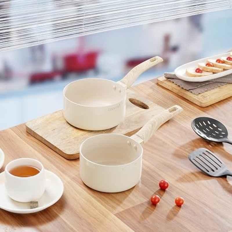 Cookaid Neo Glide 2 Pcs 1.05 & 1.5 Litre Aluminium Cream Non Stick PTFE Coated Saucepan Set with 2 Pcs Nylon Tool, CKD-NS-SP2-10