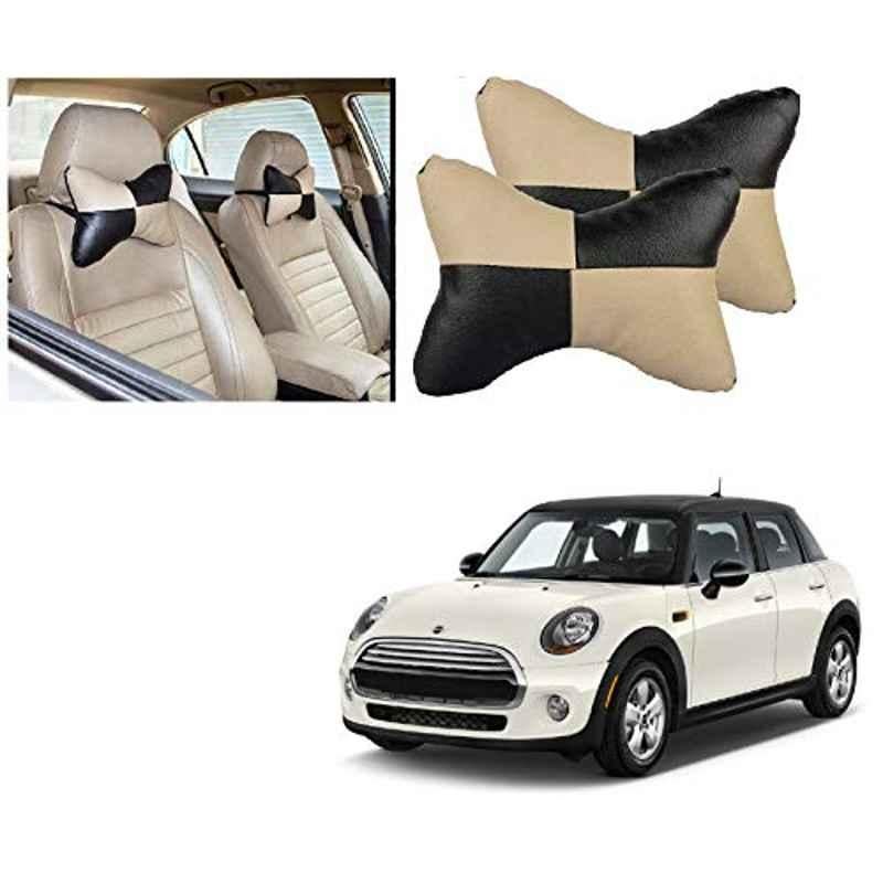 Kozdiko 2 Pcs Black & Beige Car Square Chess Design Neck Rest Seat Pillow Set for Mini Cooper