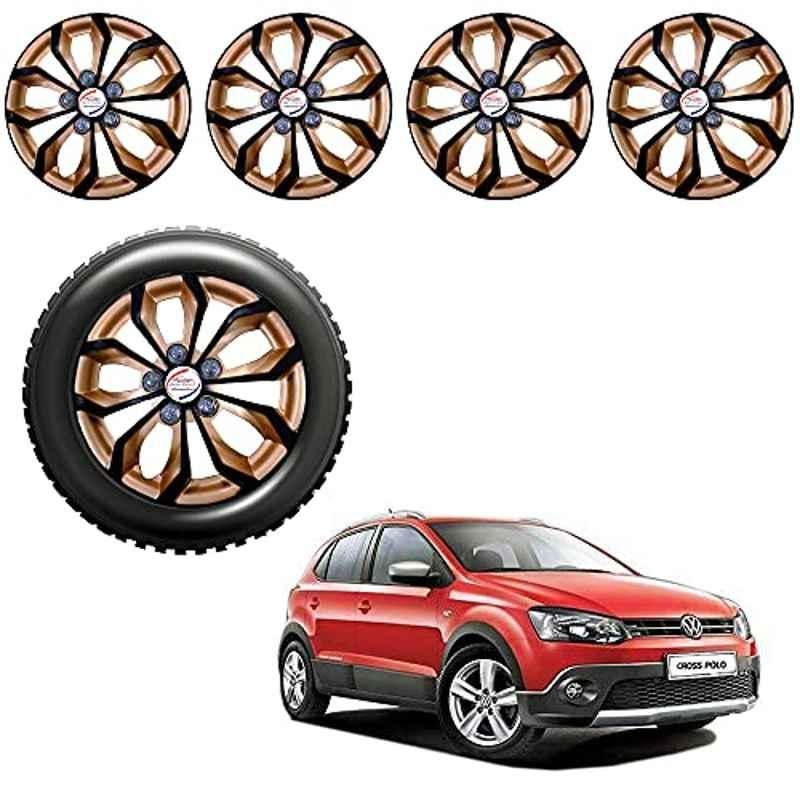 Auto Pearl 4 Pcs 15 inch Black & Golden ABS Press Type Hubcap Wheel Cover Set with Retention Ring for Volkswagen PoloCross