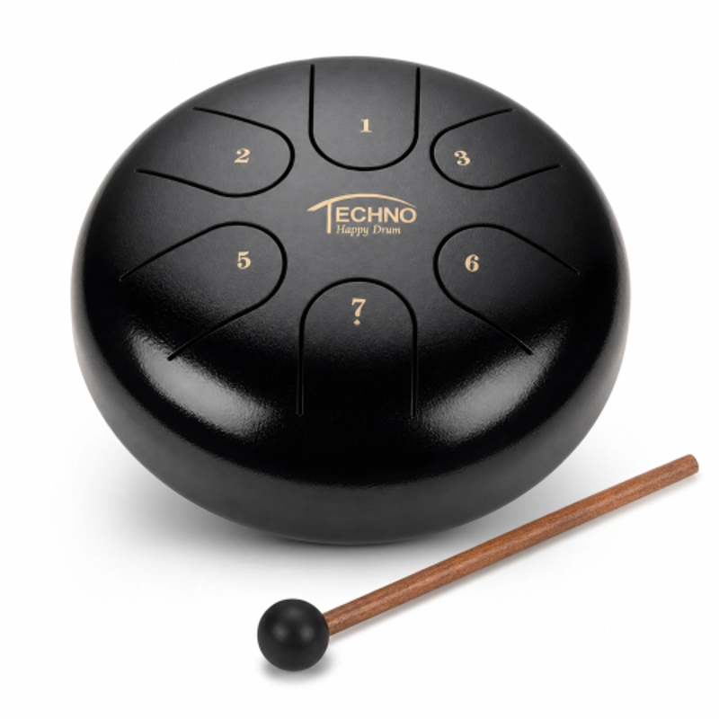 Techno 3 inch 6 Tone Carbon Steel Black Happy Drum with Carry Bag & Stick