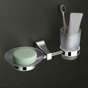 Plantex 2-in-1 Glass Soap Dish with Tumbler Holder/Pure Brass Soap Holder with Toothbrush Holder/Bathroom Accessories (DL-14, Chrome)