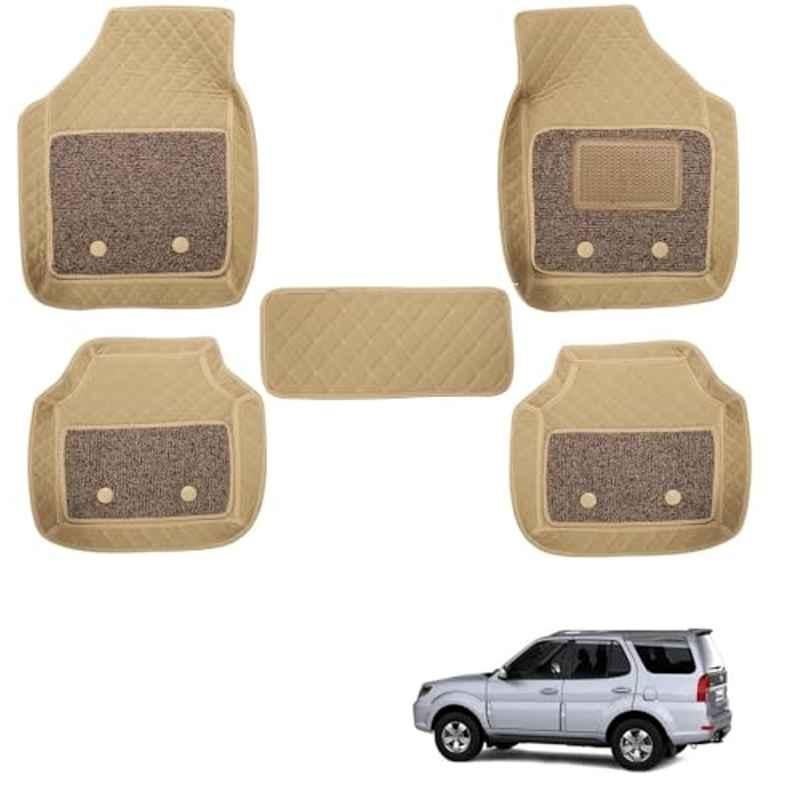 Kozdiko 5 Pcs Waterproof & Luxury 7D Beige Leatherette Car Floor Mats Set for Tata Safari Grand Dicor